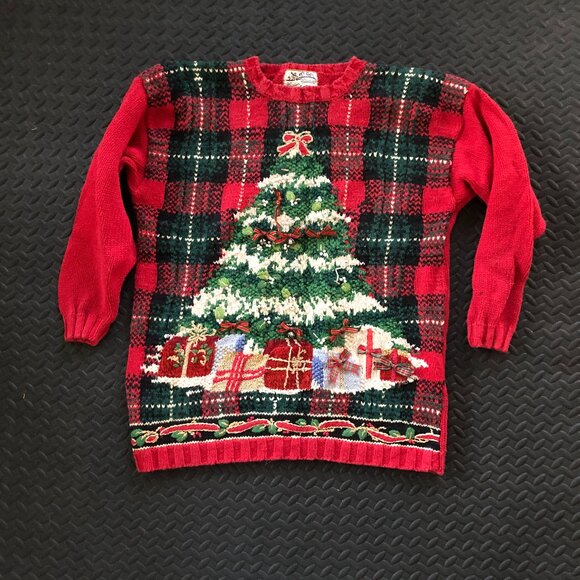 Heirloom Collectibles Sweaters - VINTAGE HEIRLOOM COLLECTIBLES RED UGLY CHRISTMAS SWEATER SIZE L PLAID EMBRODERED